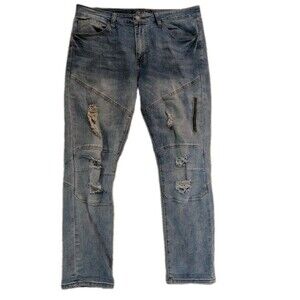 Fire & Rain Mens Jeans 36x30 Distressed Moto Biker Light Wash Stretch Denim